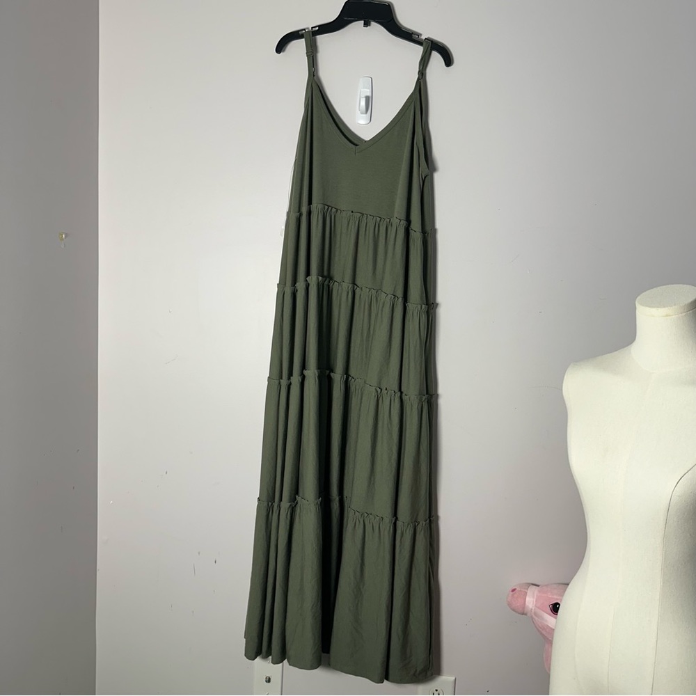 NWT New Zenana Womens Olive Green Long Dress 1X Spaghetti Straps Ruffled Layered